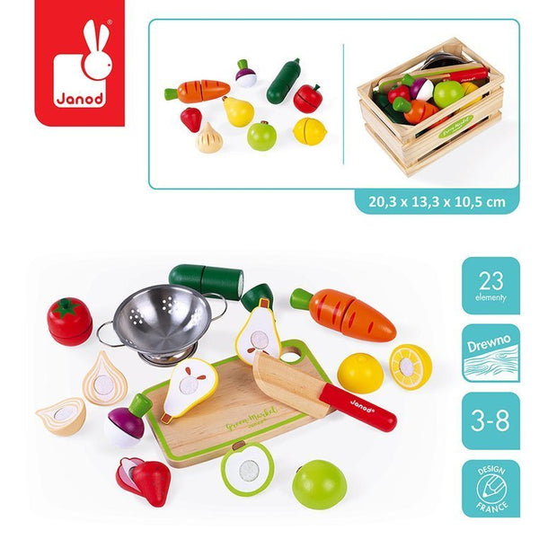Holzkiste mit Obst und Gemüse zum Schneiden und 23 Zubehörteilen.
