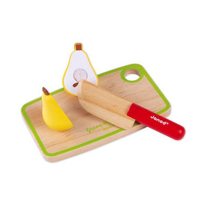 Holzkiste mit Obst und Gemüse zum Schneiden und 23 Zubehörteilen.