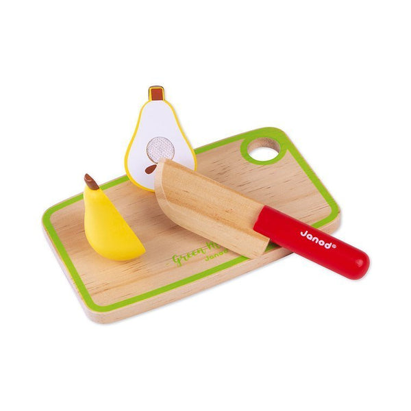 Holzkiste mit Obst und Gemüse zum Schneiden und 23 Zubehörteilen.