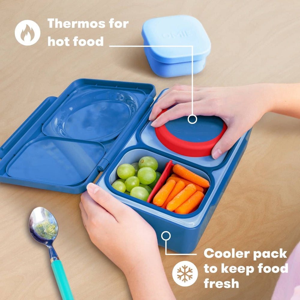 Lunchbox mit Thermosbehälter OmieBox Up – Cosmic Blue mit Fächern für Snacks und Edelstahl Thermosbehälter