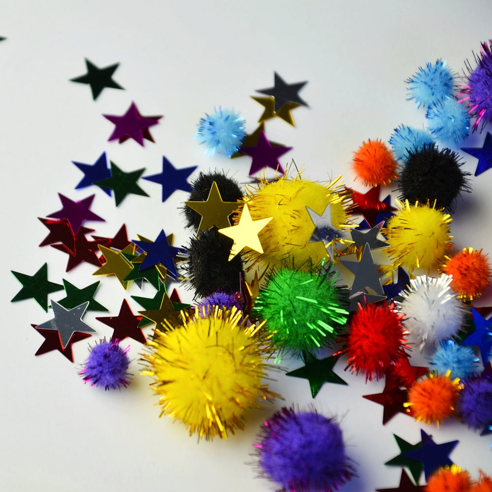 Set mit sensorischen Accessoires – Pompons, Sterne, Glitzer - tablude.com