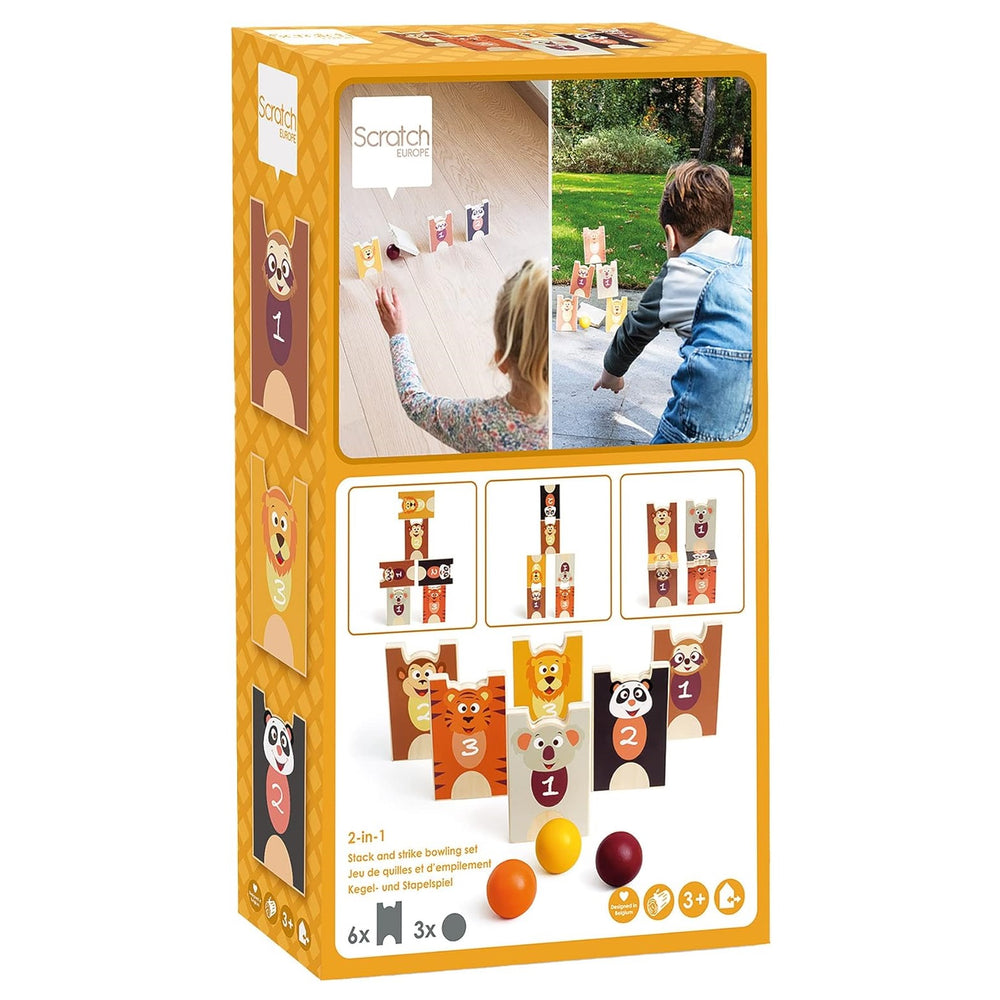 2-in-1-Spiel Pyramide und Holzkegel  – Wilde Tiere