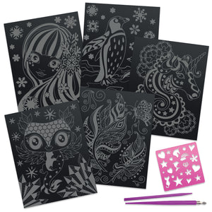 Rubbelbilder für Kinder, 5 Stück, mit Stift und Schablonen, Metallic-Farben – Isadora 8+