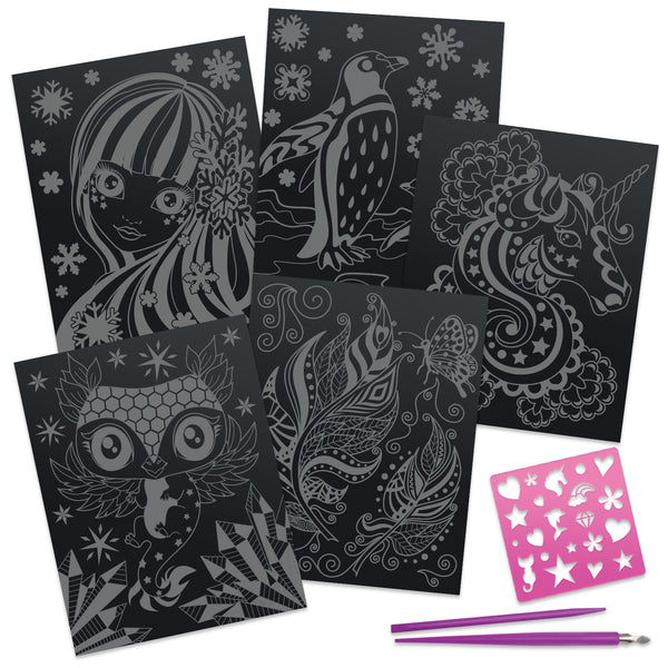 Rubbelbilder für Kinder, 5 Stück, mit Stift und Schablonen, Metallic-Farben – Isadora 8+