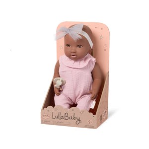 Babypuppe mit Schnuller im rosa Musselinoutfit mit Stirnband