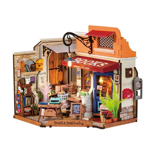 Holzbausatz mit LED Buchladen an der Ecke