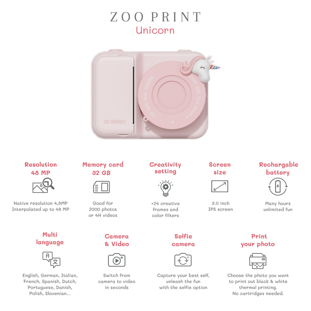 Digitalkamera mit Drucker für Kinder Zoo Print – Einhorn - tablude.com