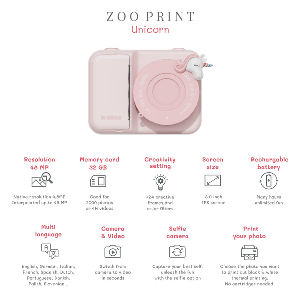 Digitalkamera mit Drucker für Kinder Zoo Print – Einhorn - tablude.com