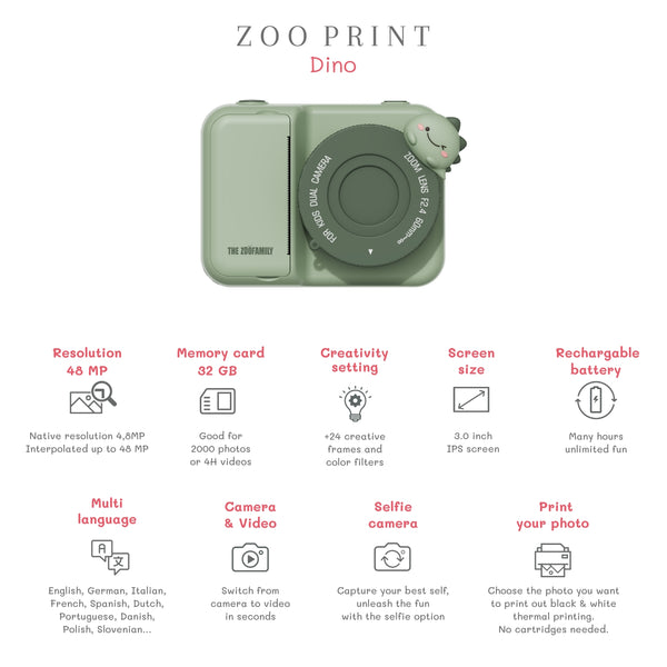 Digitalkamera mit Drucker für Kinder Zoo Print – Grüner Dinosaurier - tablude.com