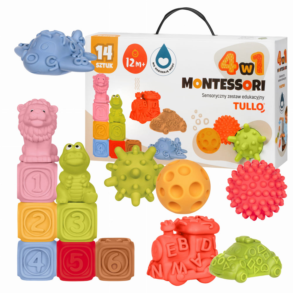 Sensorik-Bausteine Set Montessori 14-teilig mit Pyramide Bällen Fahrzeugen Tieren