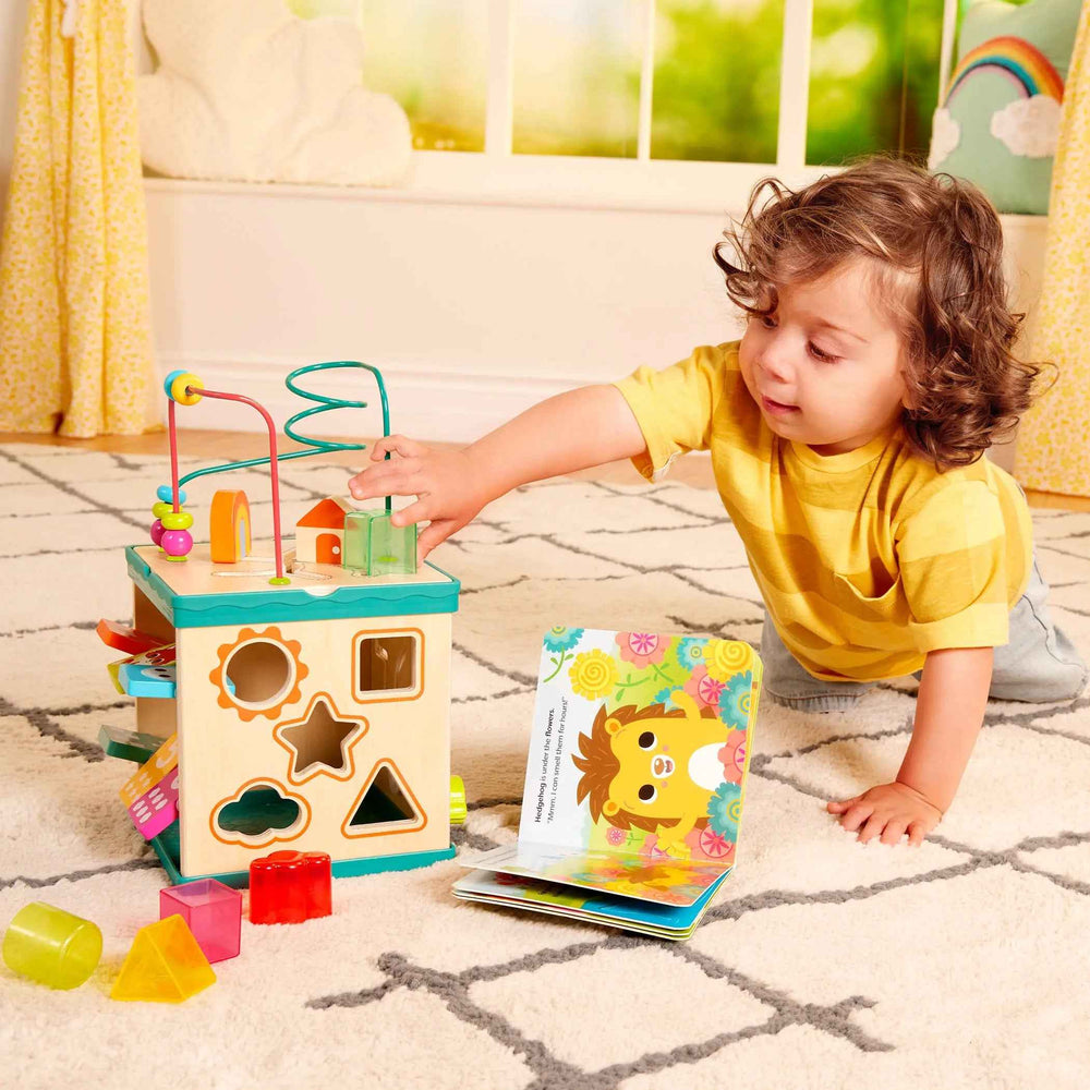 Holz-Lernwürfel mit Sortierer, Labyrinth und Buch – Lil’ Learning Cube 8 Teile
