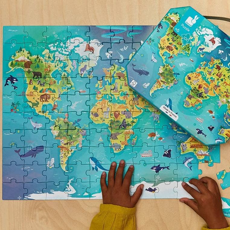 Puzzle im Koffer, hergestellt in Frankreich – Weltkarte, 100 Teile