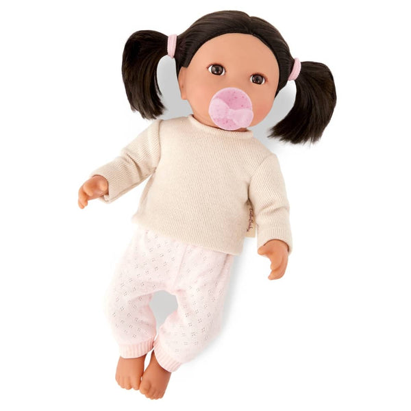 Babypuppe mit Schnuller – Brünette in zweiteiligem Outfit