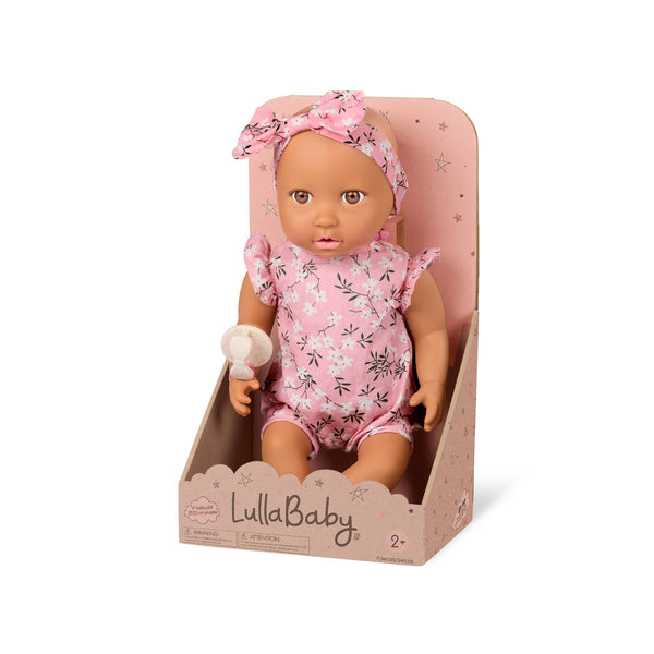 Babypuppe mit Schnuller – In rosa Kleidchen mit Blümchenmuster und Haarband