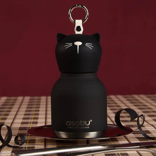 Thermo-Trinkflasche mit Strohhalm Mini Bestie – Schwarze Katze (200 ml)