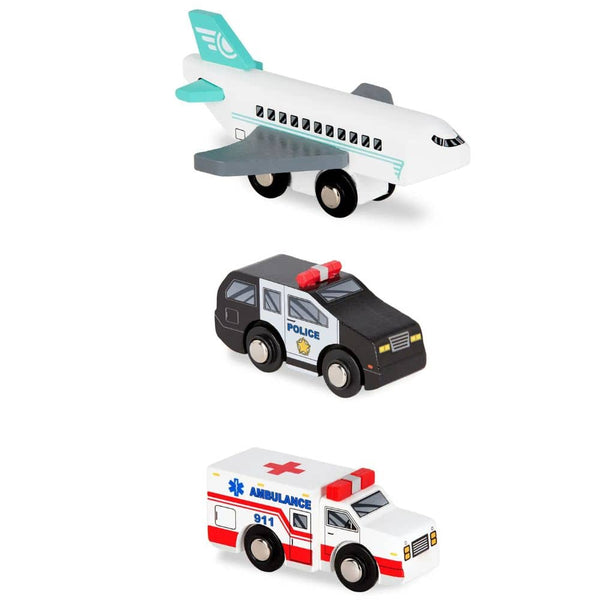 Holzfahrzeuge – Rettungs- und Baufahrzeuge mit Flugzeug, 6-teiliges Set