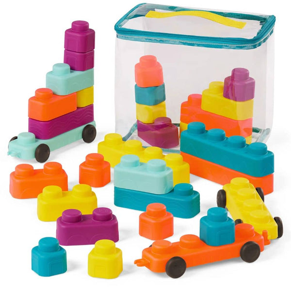 Miękkie klocki sensoryczne z wagonikami B. Toys – Buildin’ Squishies