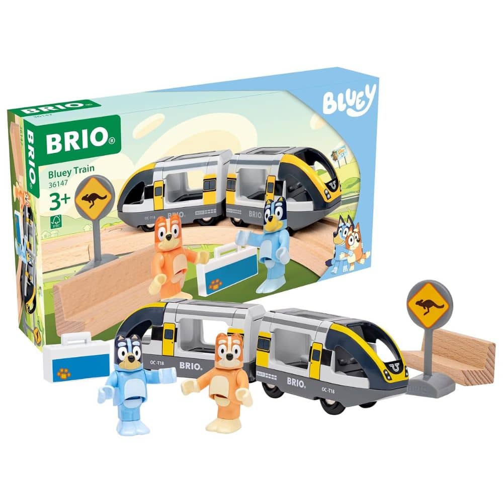 BRIO Bluey Train mit Bluey, Bingo, Bank, Koffer und Schild