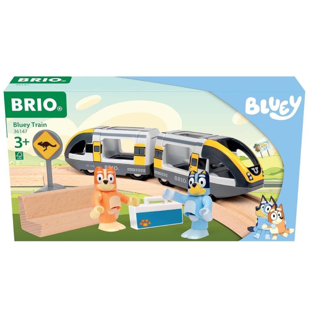 BRIO Bluey Train mit Bluey, Bingo, Bank, Koffer und Schild
