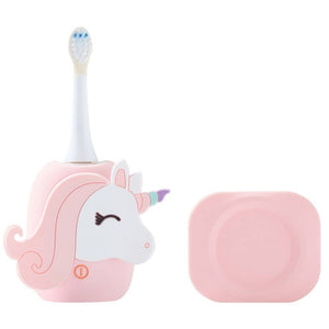 Schallzahnbürste Einhorn von The Zoofamily und Ladestation nebeneinander