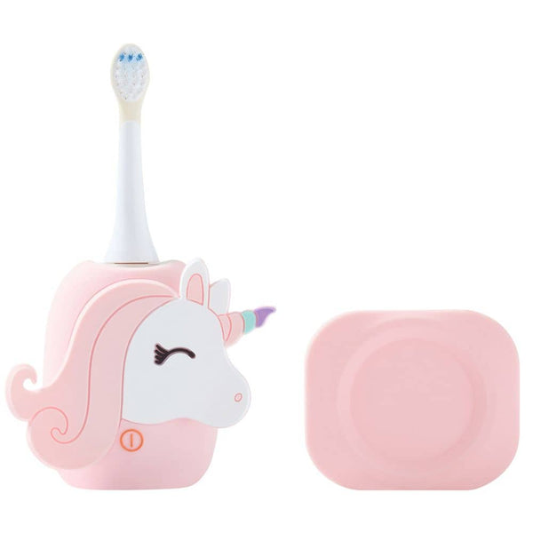 Schallzahnbürste Einhorn von The Zoofamily und Ladestation nebeneinander