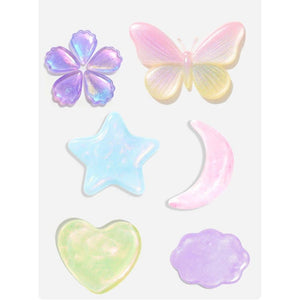 Pastellfarbene Formen aus Perlglanz-Knete: Blume, Schmetterling, Stern, Mond, Herz und Wolke
