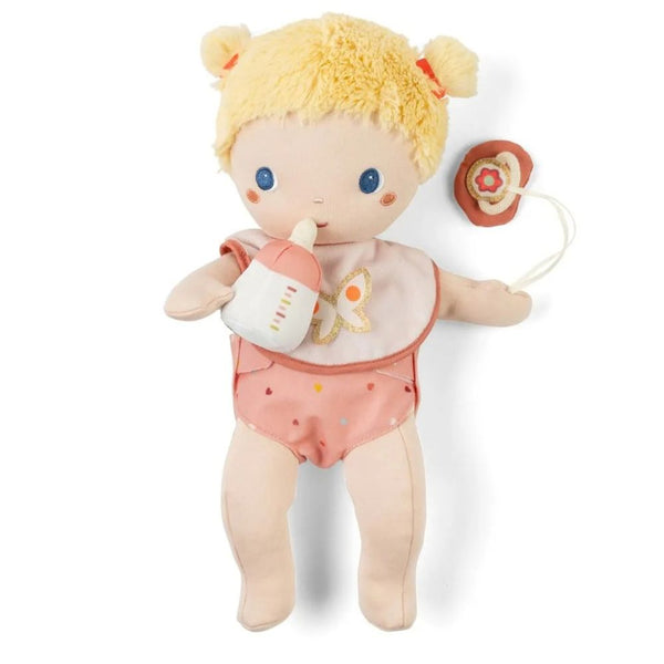 Blonde Lilliputiens-Puppe mit rosa Windel, Lätzchen und Fläschchen
