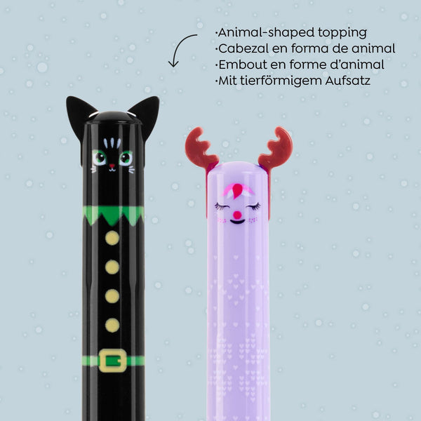 Zweifarbige Weihnachtskugelschreiber Xmas Time – Kätzchen & Rentier (2 Stück)