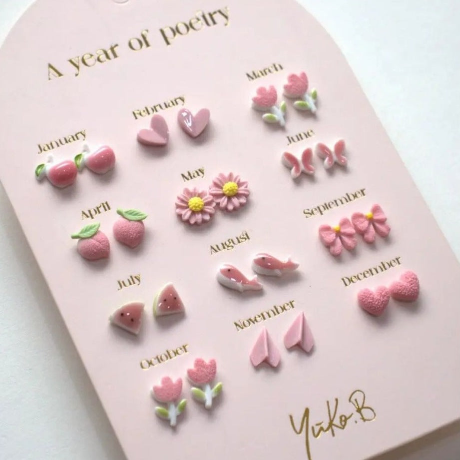 Yuko B. Ohrstecker-Set Poesie-Jahr Rosa mit 12 Paar