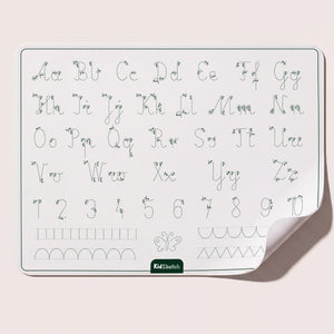 Übungsseite der Malunterlage mit Buchstaben, Zahlen und Schwungübungen