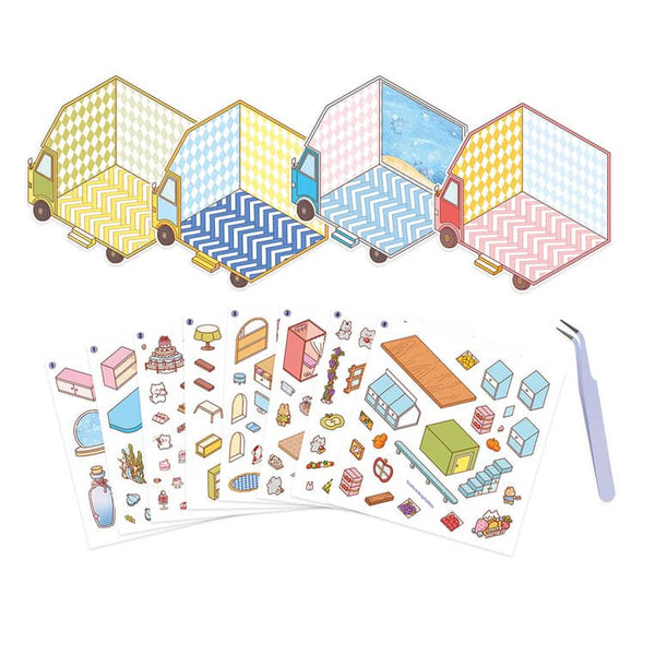 Janod Cosy Stickers Tiny Trucks - Lieferumfang mit Hintergründen, Stickerbögen und Pinzette