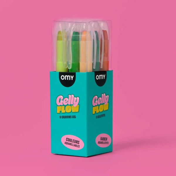 Verpackung der Gelstifte Gelly Flow von OMY auf rosa Hintergrund