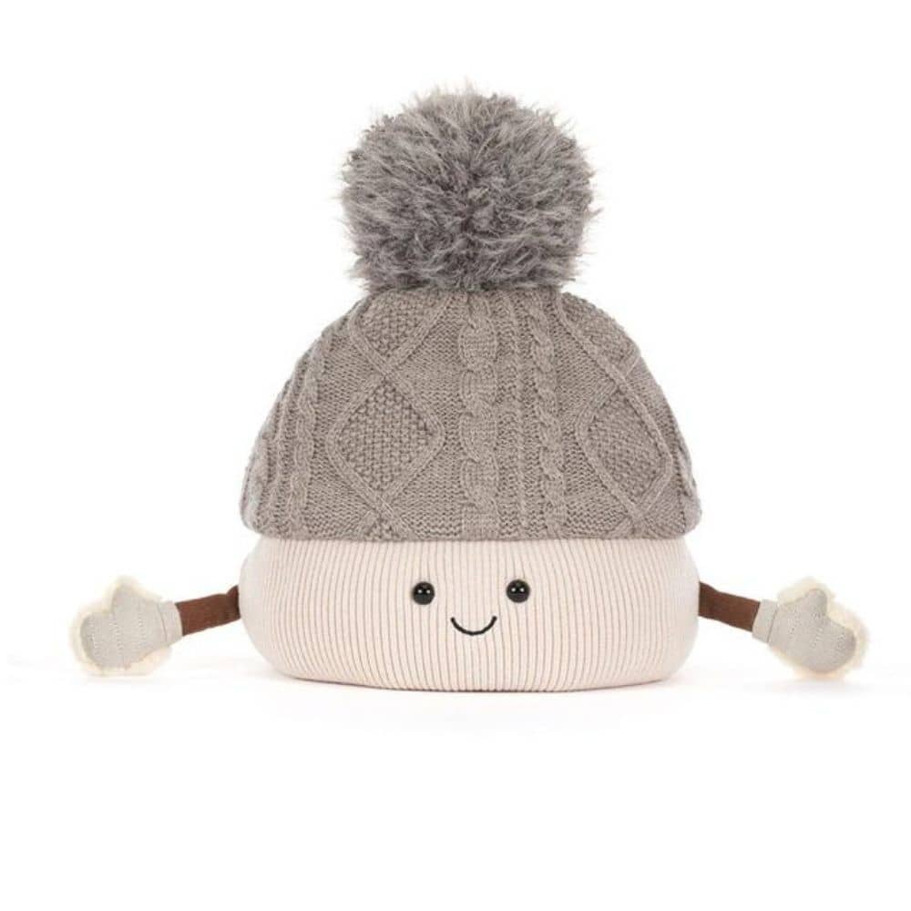 Jellycat Plüsch-Bommelmütze in Beige mit Gesicht und Ärmchen, 26 cm