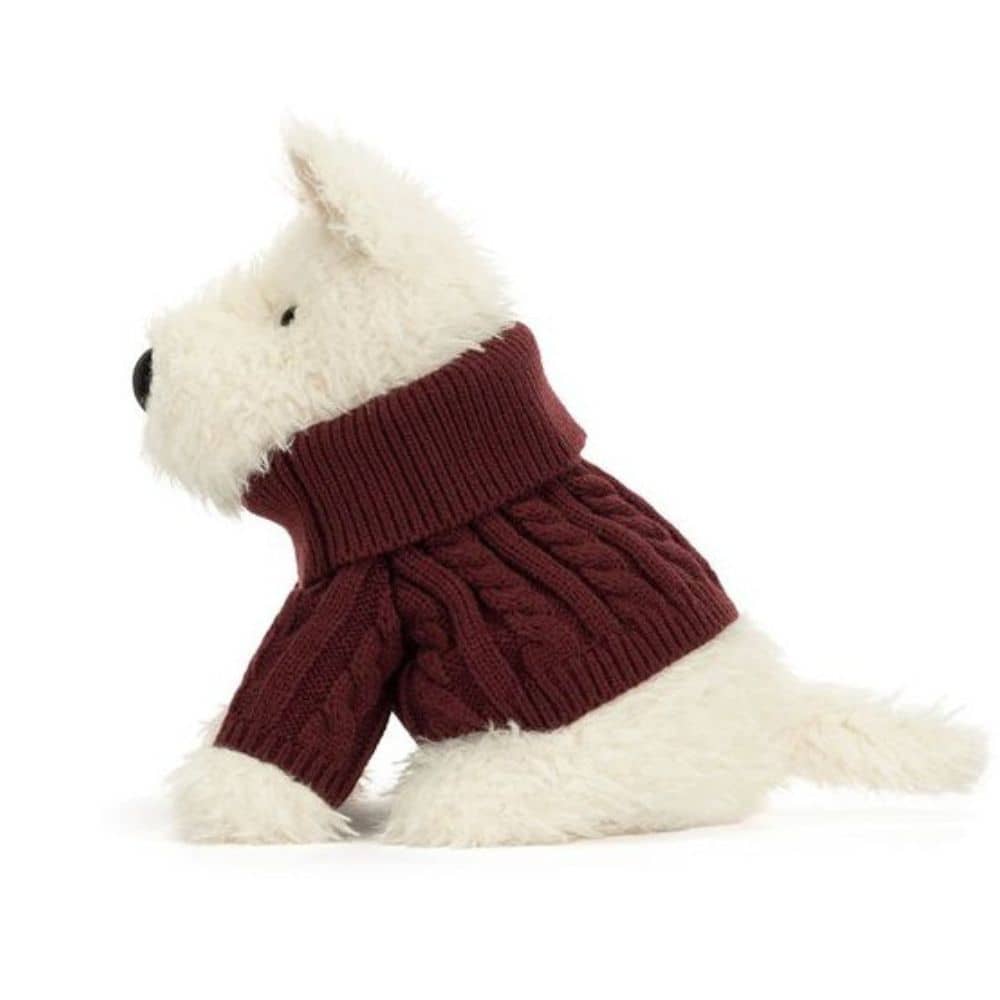 Jellycat Munro Scottie Dog - cremefarbener Plüsch-Terrier im bordeauxroten Pullover, 25 cm