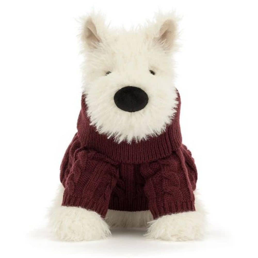 Jellycat Munro Scottie Dog - cremefarbener Plüsch-Terrier im bordeauxroten Pullover, 25 cm