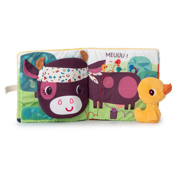 Stoffbuch-Seite mit Kuh und Mini-Kuscheltier Ente