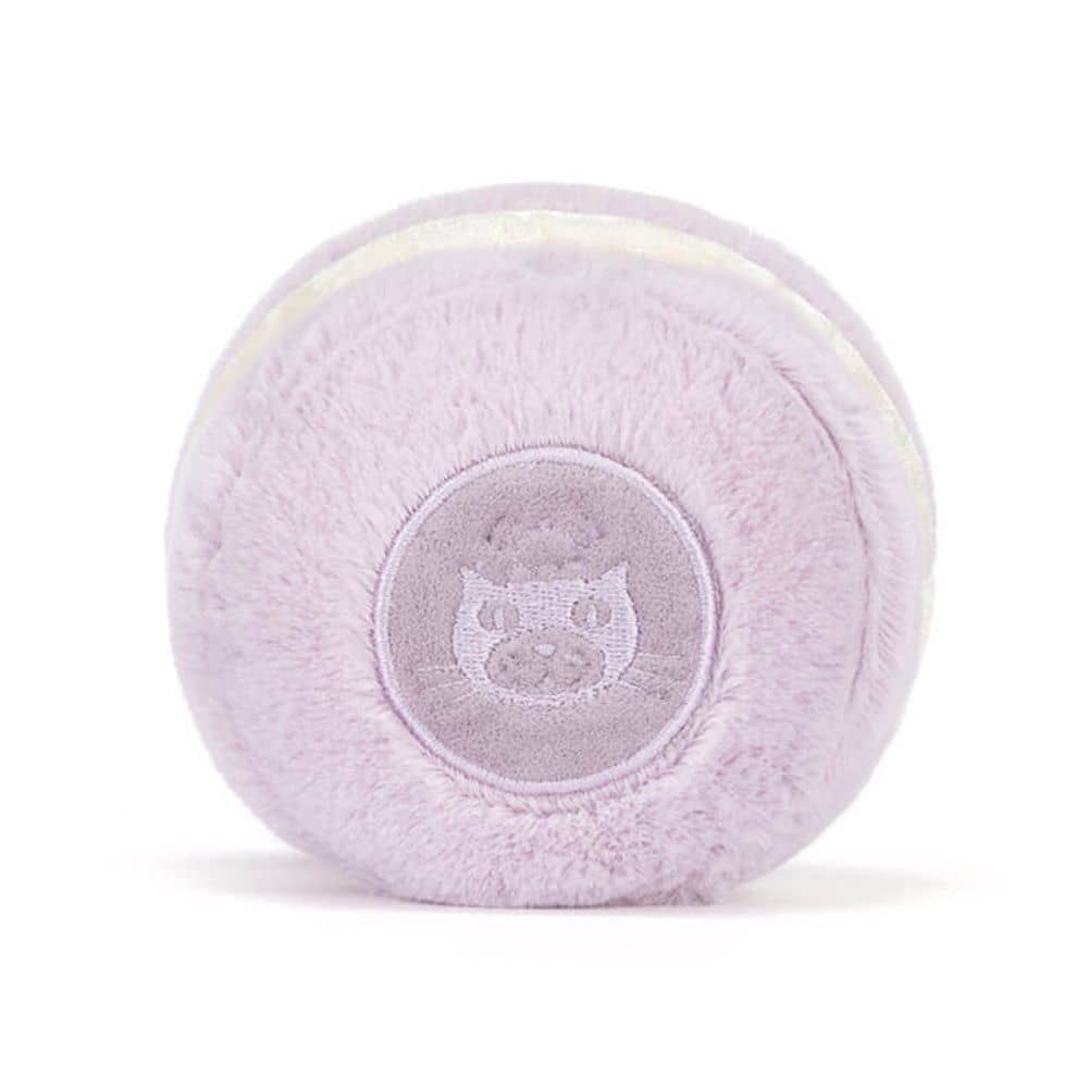 Jellycat Amüsanter Macaron Mai Kuschelpuppe in lila mit fröhlichem Gesicht und kleinen Beinen