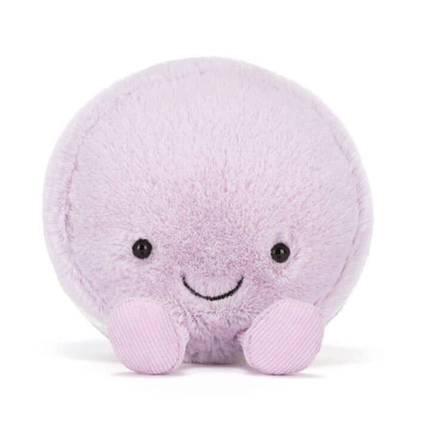 Jellycat Amüsanter Macaron Mai in lila mit süßem Gesicht und kleinen Armen für Kinder