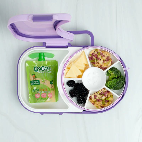 Frühstücksbox für Kinder Lunchbox Snack Spinner 2in1 – Trauben-Lila mit gesundem Snack und Trinkbeutel