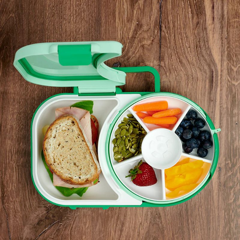 Frühstücksbox für Kinder Lunchbox Snack Spinner 2in1 – Sage Green Lunchbox mit drehbarem Fach und praktischem Griff