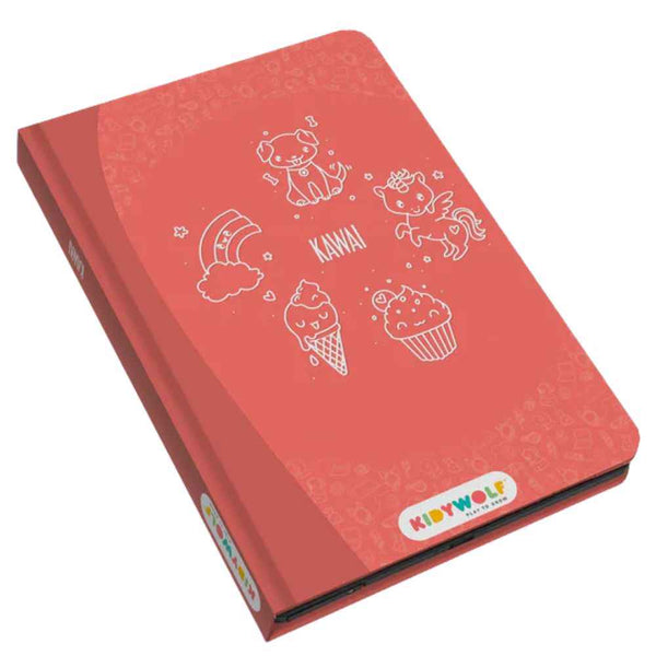 Grafiktablett Kidydraw Mini – Kawai mit bunten, niedlichen Motiven auf rotem Hintergrund