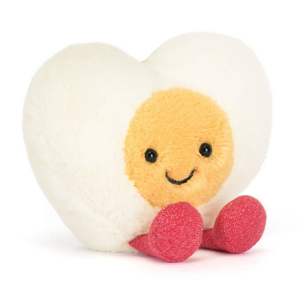 Jellycat Plüsch Ei Herz mit süßem Gesicht und glitzernden Füßen, ideal zum Kuscheln.