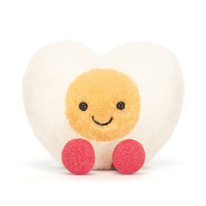 Jellycat Plüsch Ei Herz in Weiß mit lächelndem Gesicht und roten Kugeln als Füße