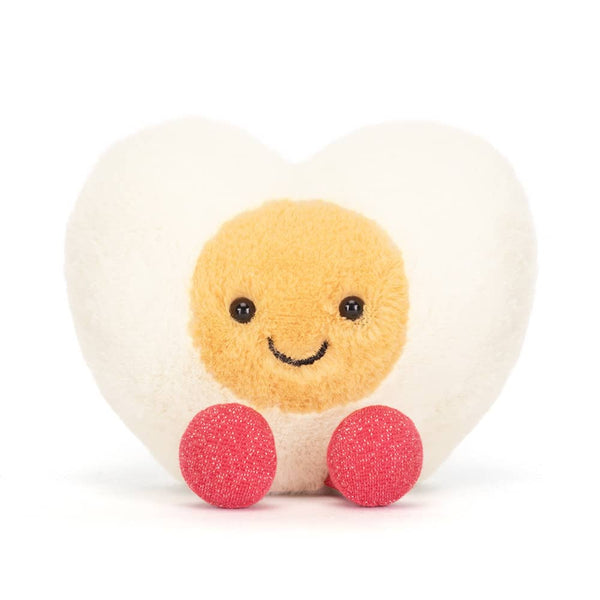 Jellycat Plüsch Ei Herz in Weiß mit lächelndem Gesicht und roten Kugeln als Füße