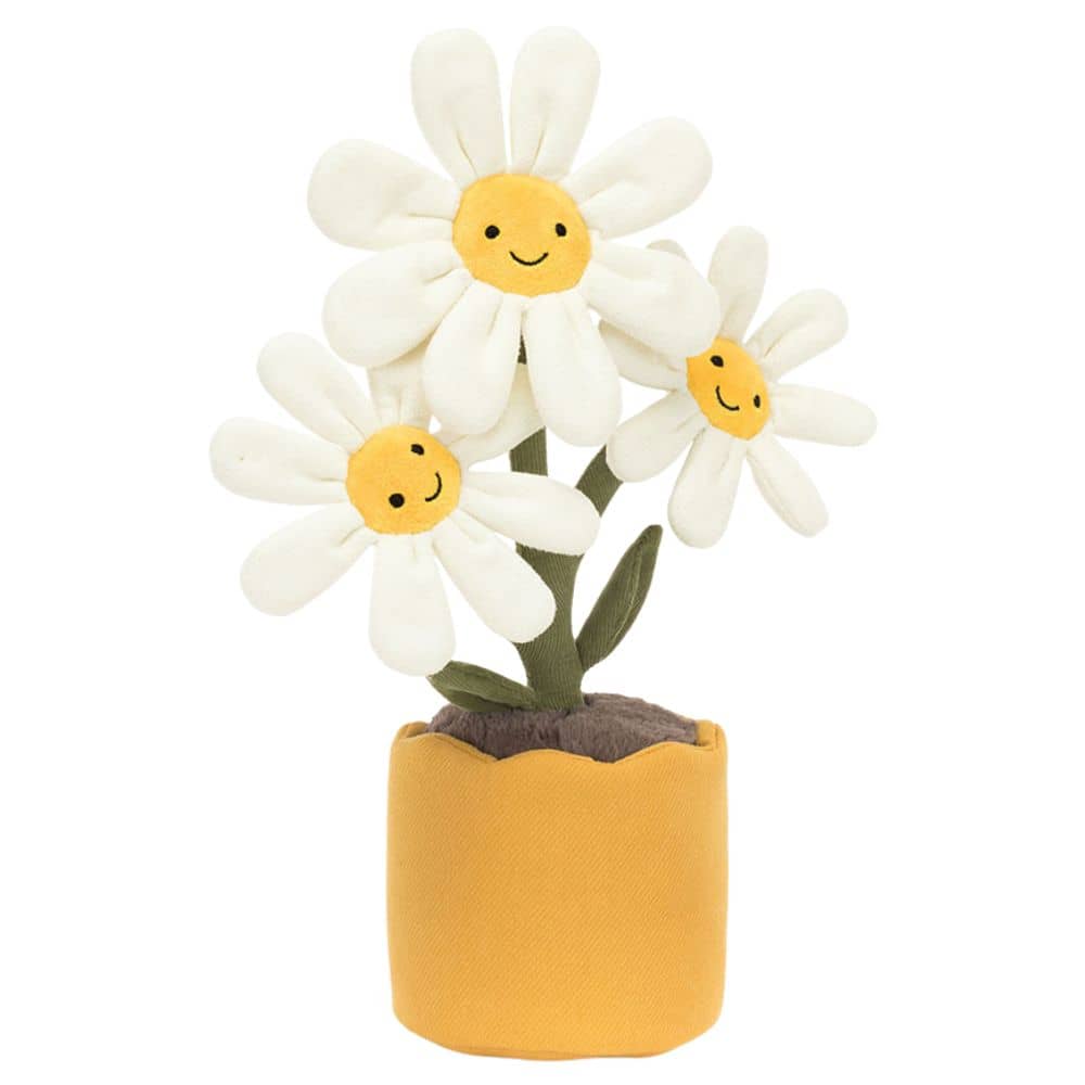 Jellycat Plüsch Gänseblümchen in einem gelben Topf mit drei lächelnden Blumen für Kinder