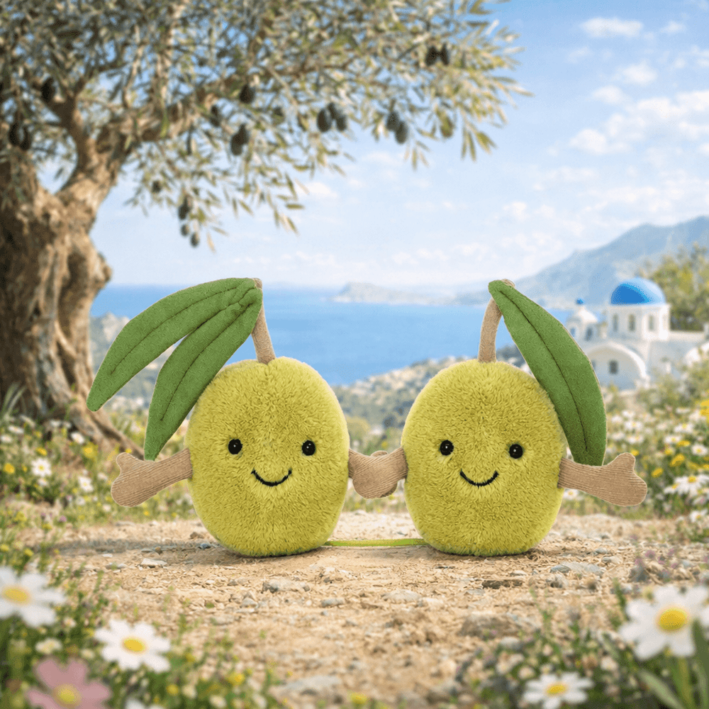 Kuschelige Plüsch Oliven Jellycat mit lächelnden Gesichtern und fröhlichen Blättern
