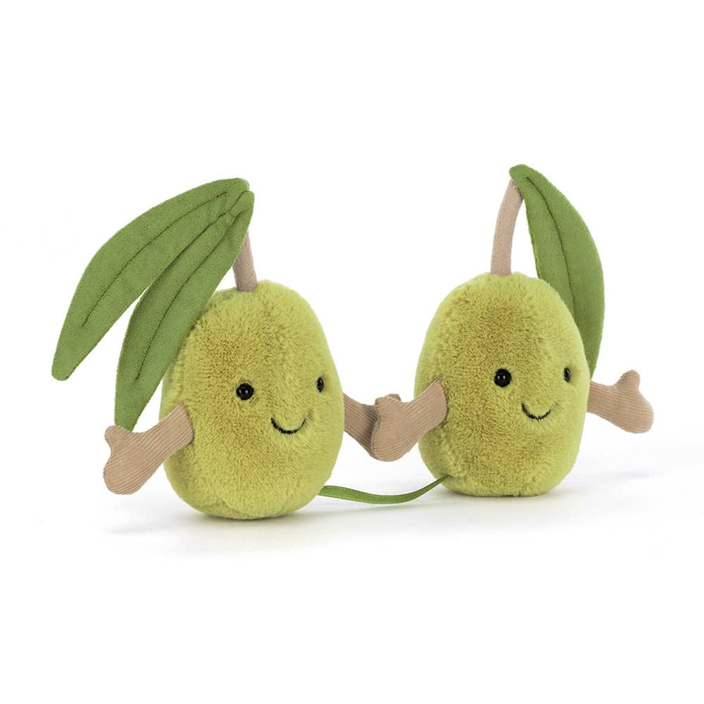 Kuschelige Plüsch Oliven Jellycat mit lächelnden Gesichtern und fröhlichen Blättern