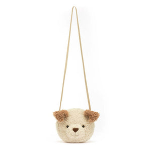 Jellycat Umhängetasche in Form eines niedlichen Hundekopfes mit braunen Ohren und weichem Plüschmaterial