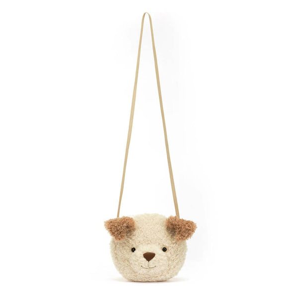 Jellycat Umhängetasche in Form eines niedlichen Hundekopfes mit braunen Ohren und weichem Plüschmaterial