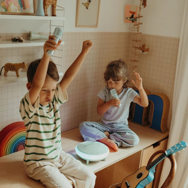 Zwei Kinder mit einem kabellosen Karaoke-Set, die fröhlich zusammen singen und Spaß haben.